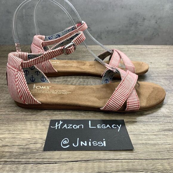 TOMS~Girls~”Correa”~ Red/White PinStripe Flat Open Toe Sandals~Size 4 - Picture 2 of 9